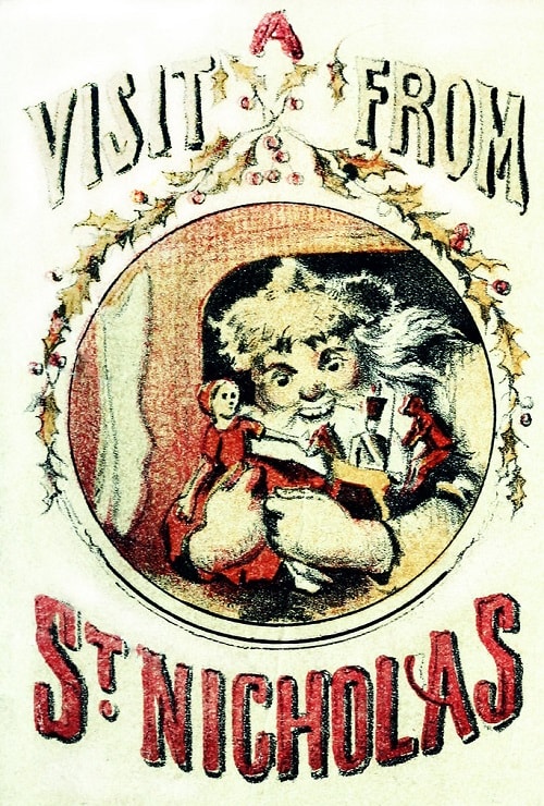Coperta cartii in care se afla poezia: "A visit from Saint Nicholas" ("Vizita de la Mos Nicolae")
